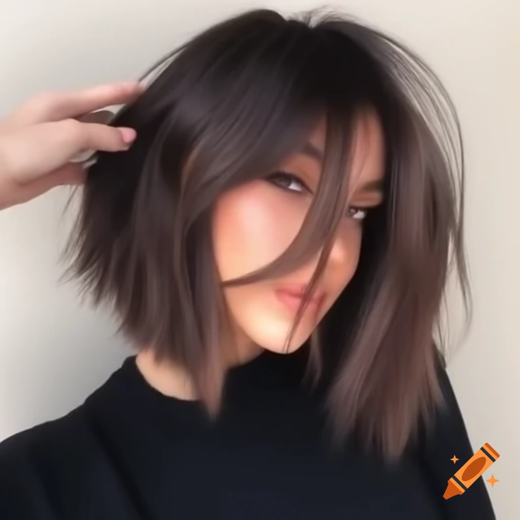 Young woman with thick dark brown hair in unique undercut bob hairstyle