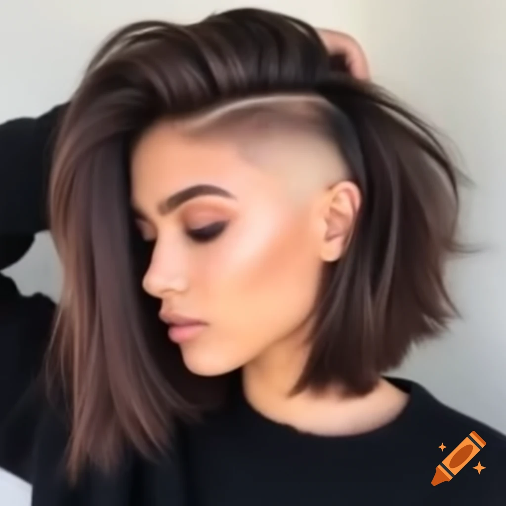 Young woman with thick dark brown hair in extreme shaved undercut bob style