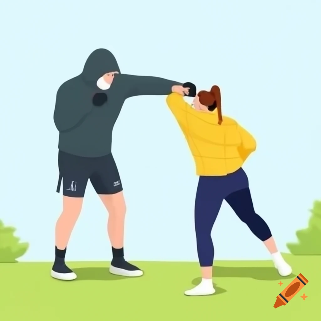 Personal defense training session in park with female student and instructor