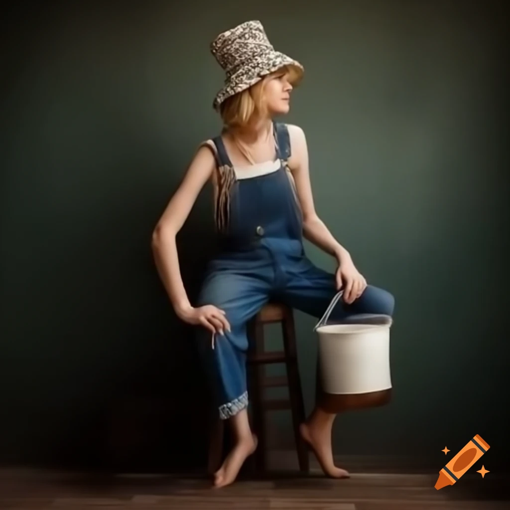 Young woman in overalls holding a bucket, posing with a newspaper hat ...