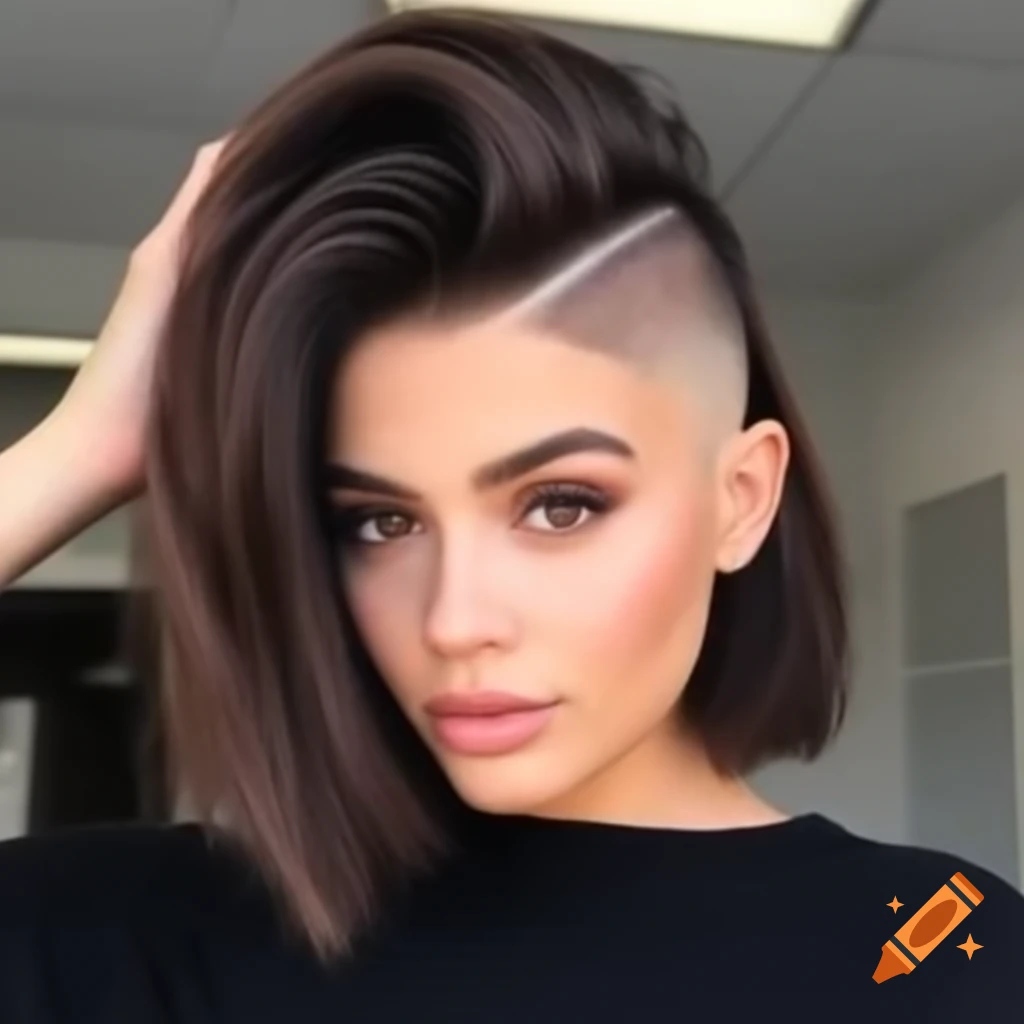 Stylish young woman with thick dark brown hair in a dramatic shaved undercut bob