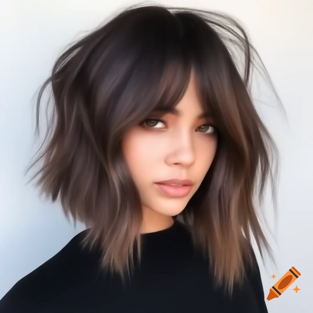Stylish young woman with thick dark brown hair in a dramatic shaved undercut bob