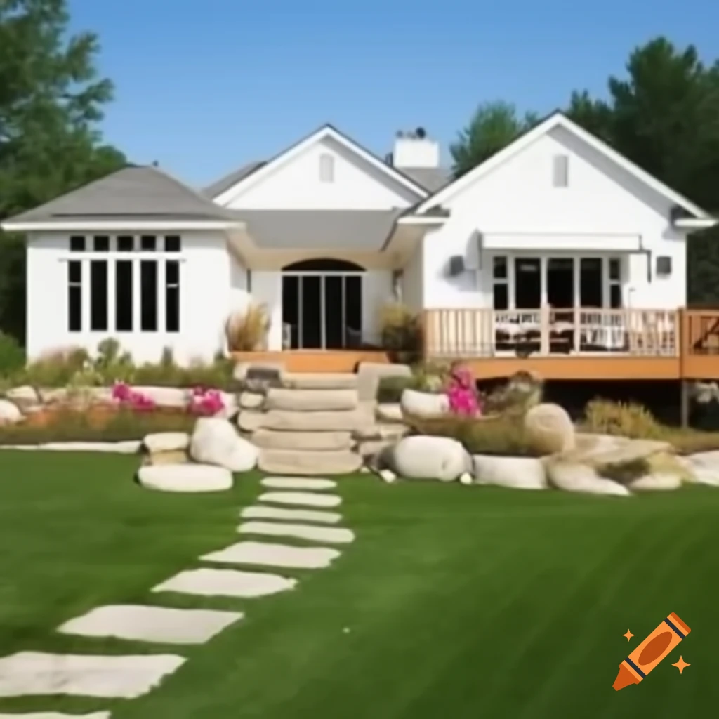 One-story white house of natural stone and wood with terrace and landscaped yard