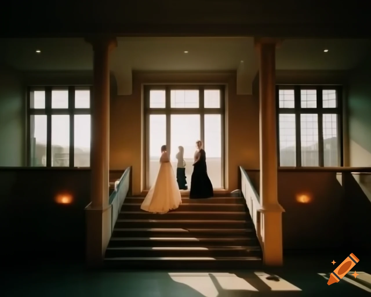 Bright spacious staircase illuminated by sunlight through large windows