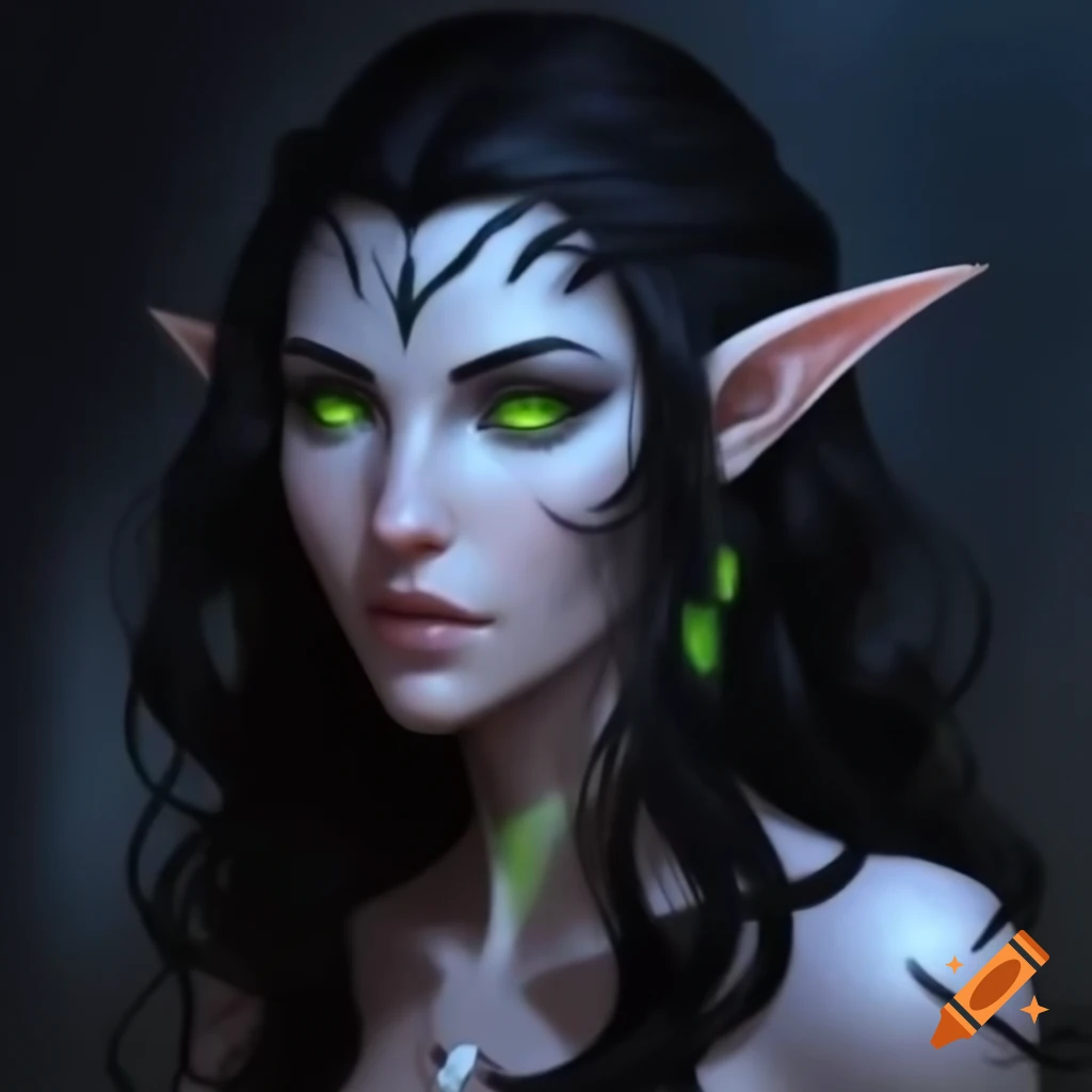 Elegant elven woman with black hair and green eyes on Craiyon