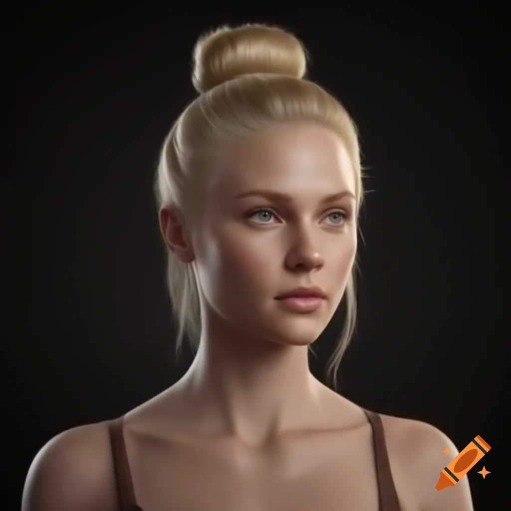Realistic portrait of a blonde woman in her thirties with a straight ...
