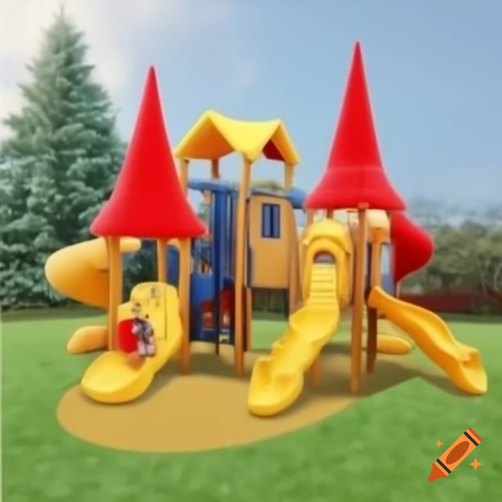 Children's playground with whimsical gnome decorations in background