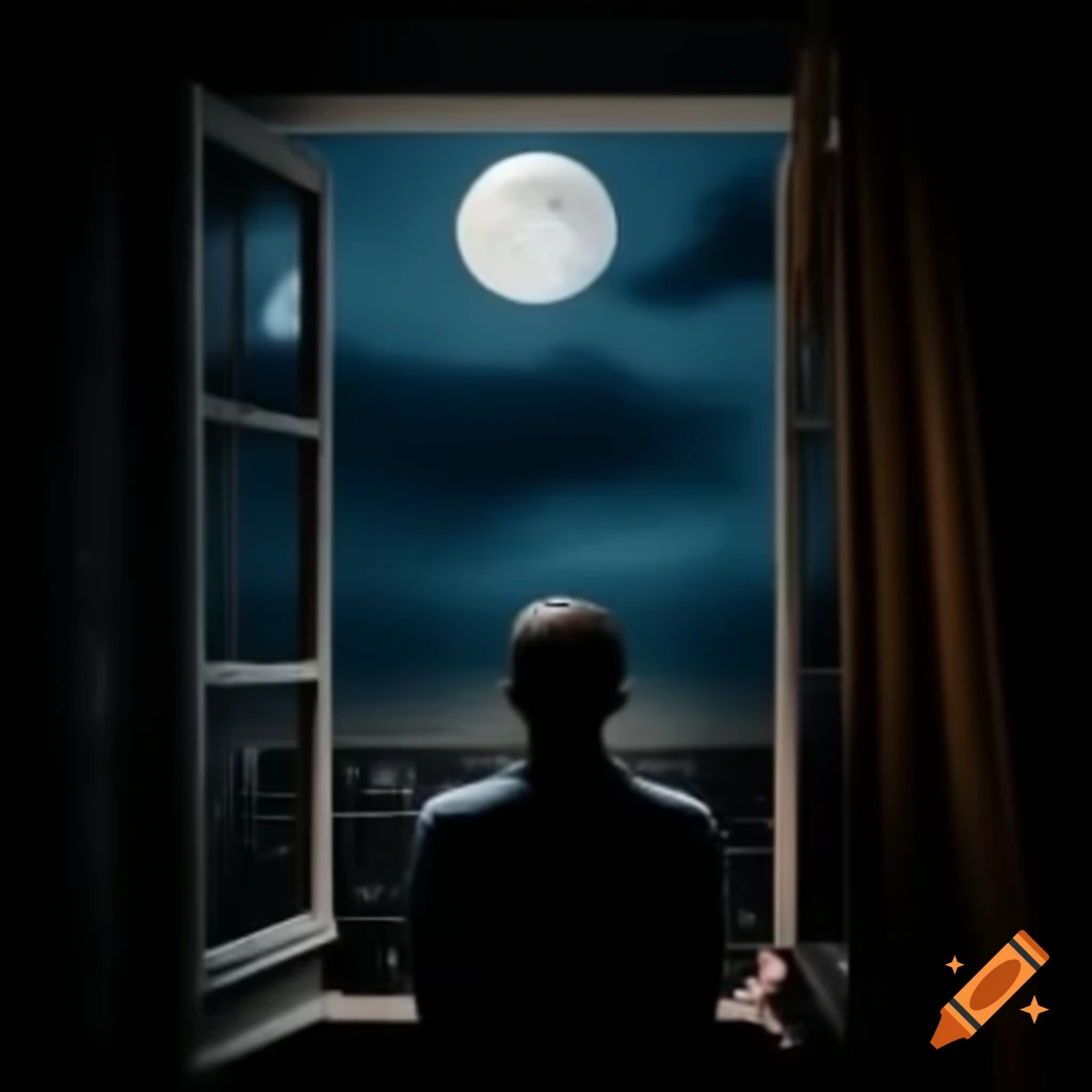 Portrait Of A Man Looking Up At Full Moon From Window Conveying portrait-of-a-man-looking-up-at-full-moon-from-window-conveying