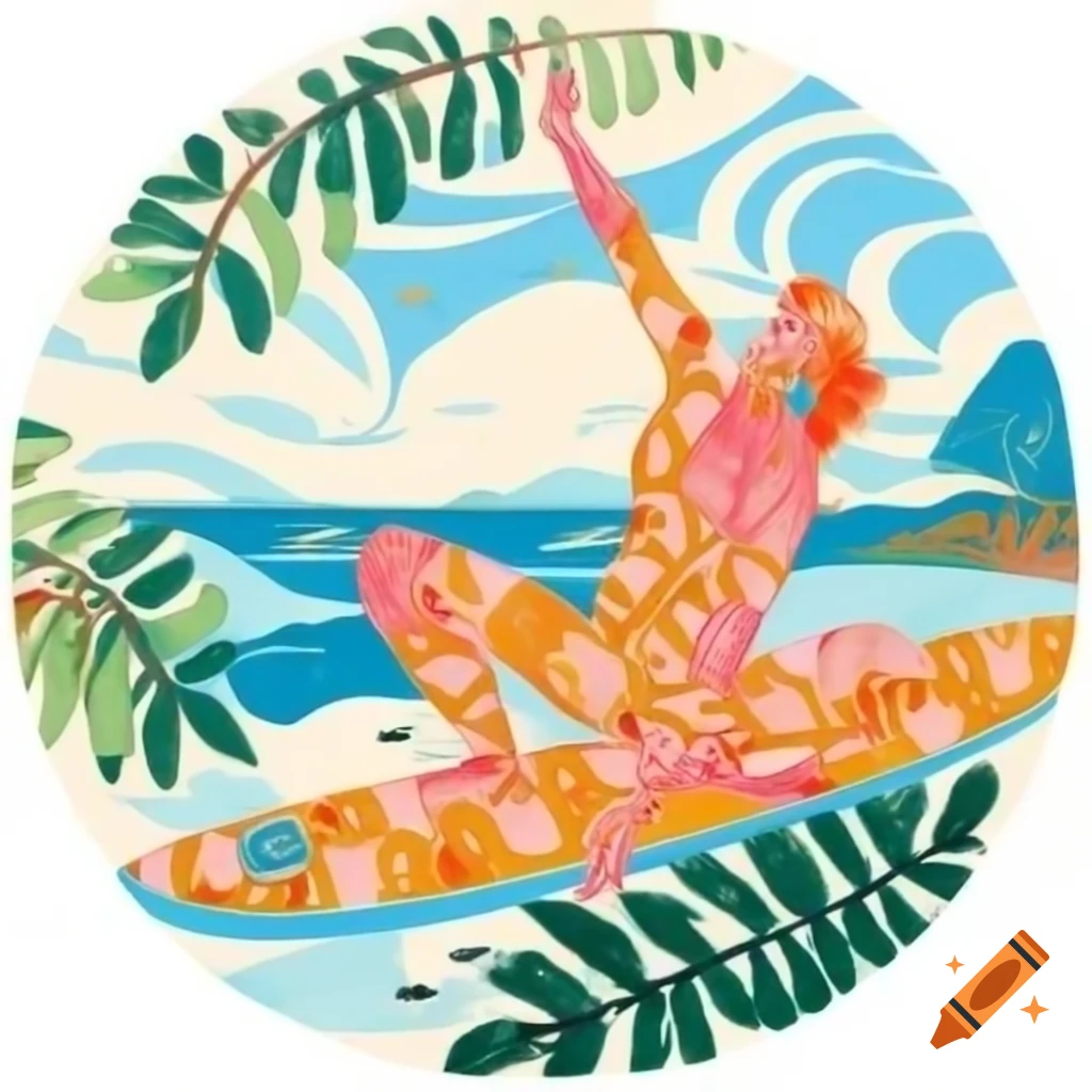 Vibrant impressionistic surf scene with figure and surfboard on beach ...