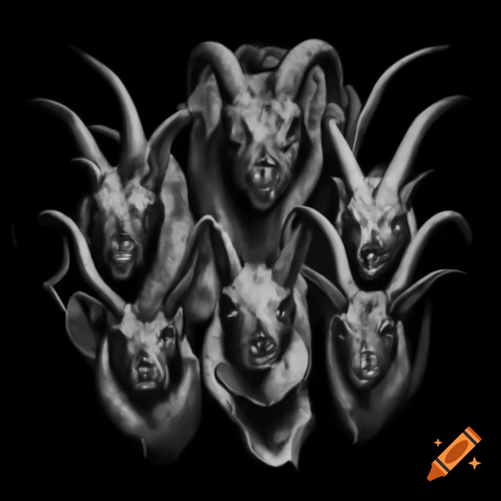 Grayscale sketch of skulls on black background