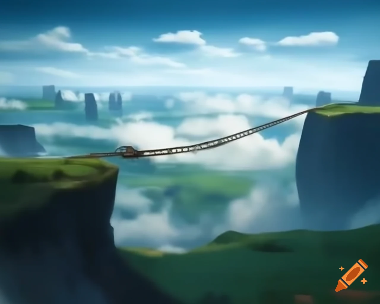 Dangerous cloud bridge swaying over deep valley with fragile ropes