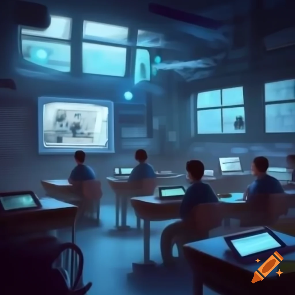 Futuristic smart classroom with holographic displays and students using tablets, digital art