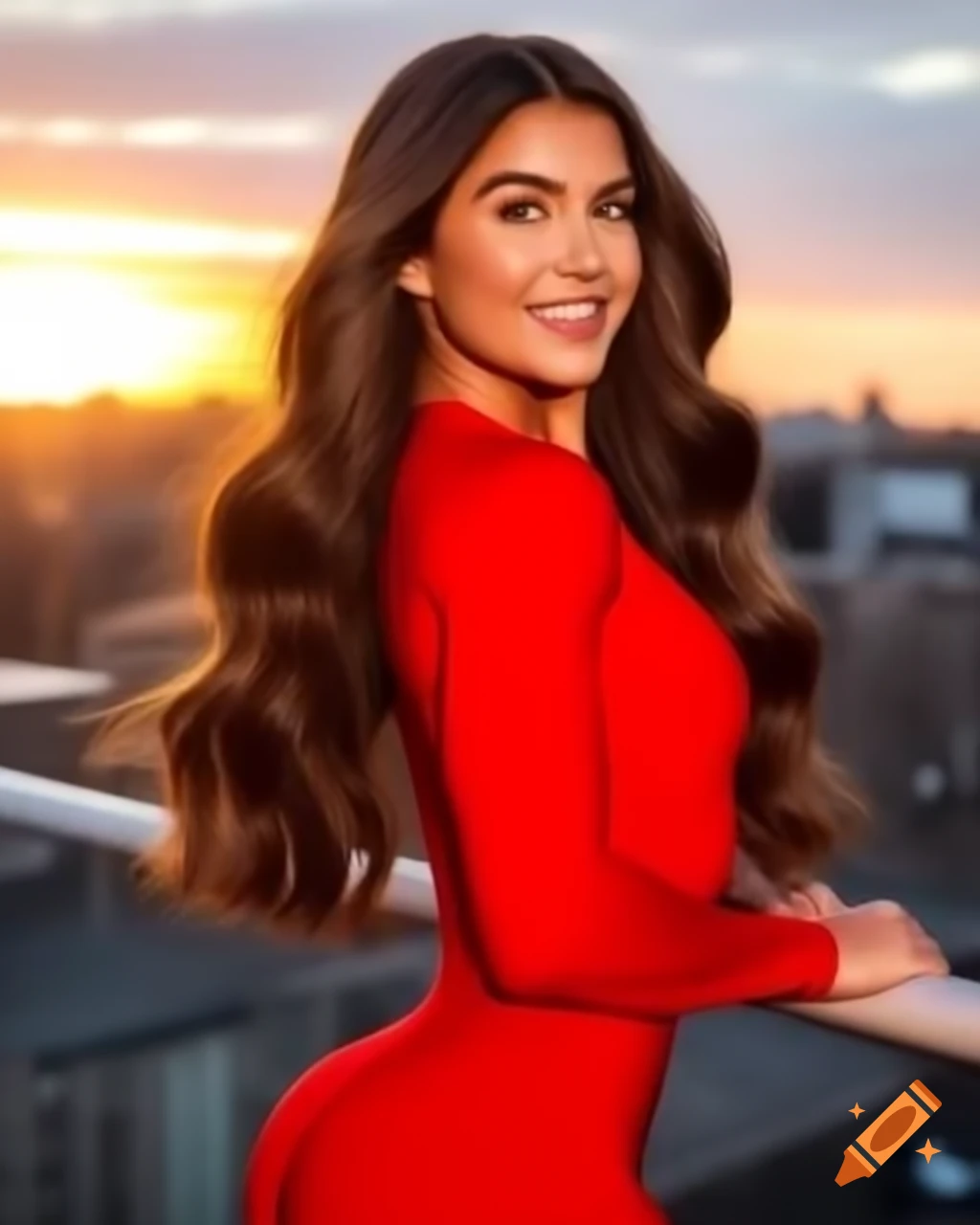 Young woman in red dress posing in trendy city loft at sunset on Craiyon