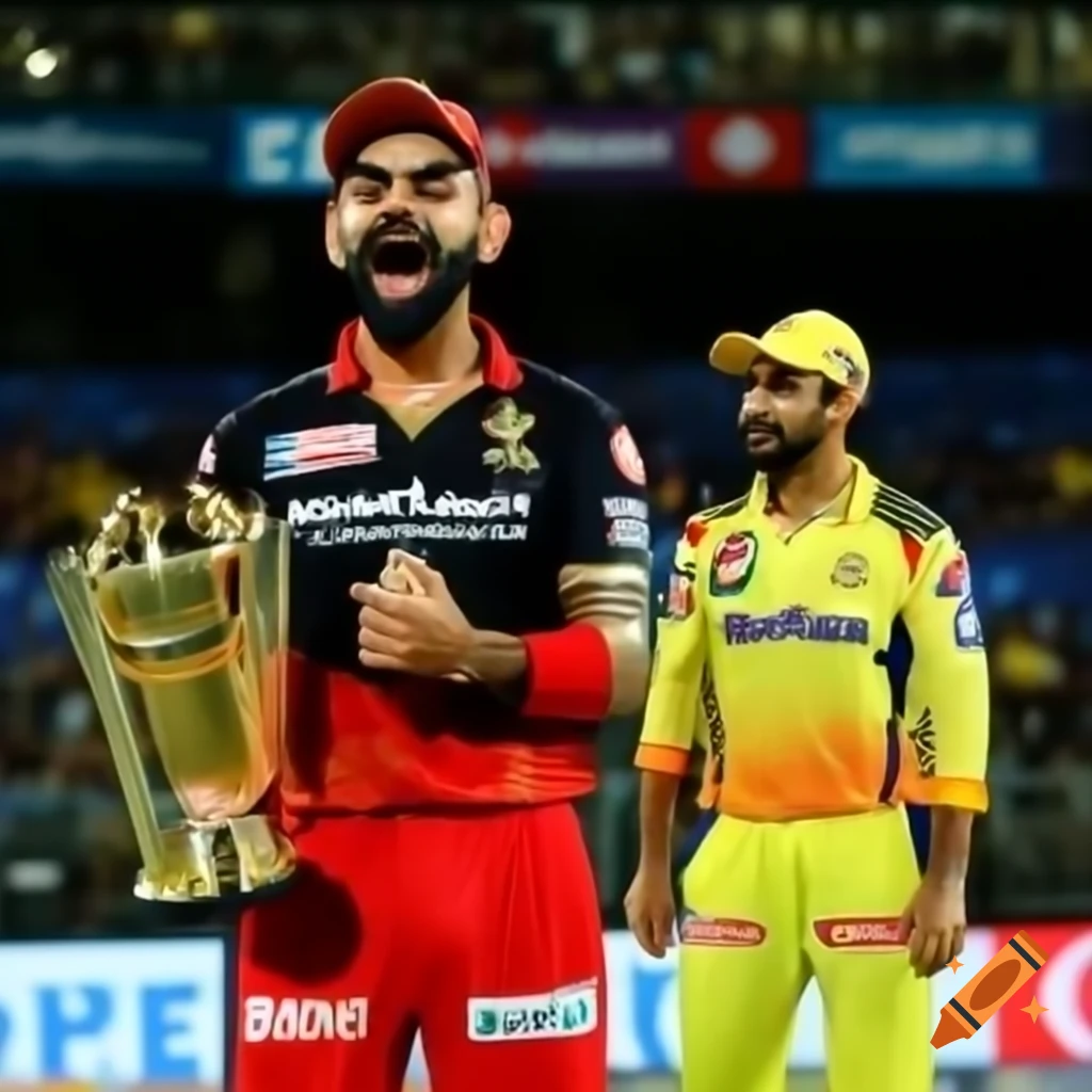 Virat Kohli celebrating with IPL trophy while MS Dhoni is emotional in shadow