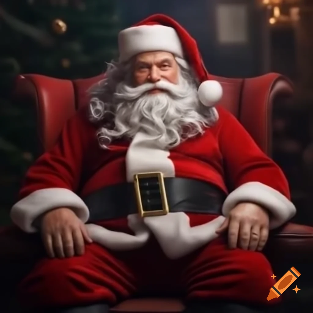 Muscular Santa Claus in red suit sitting in a high-backed chair on Craiyon