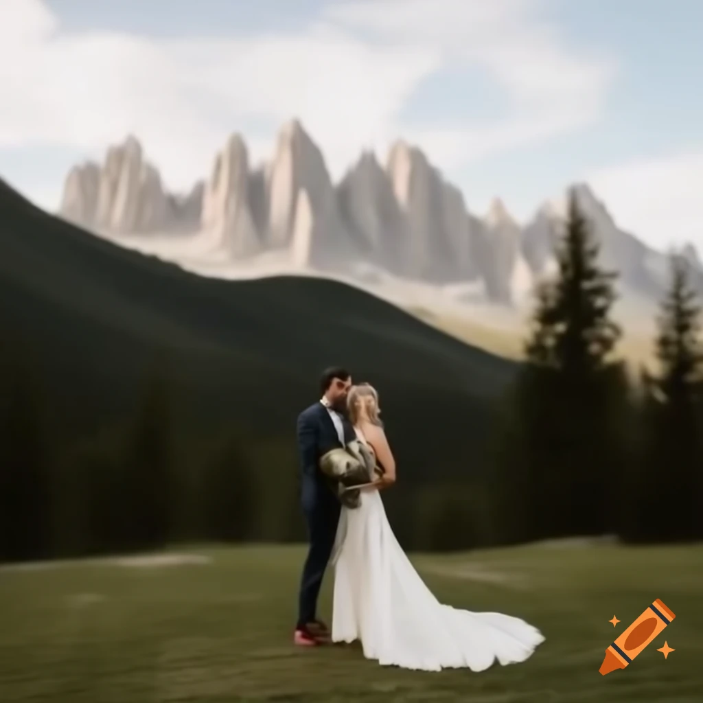 Wedding couple in springtime landscape with mountains and trees