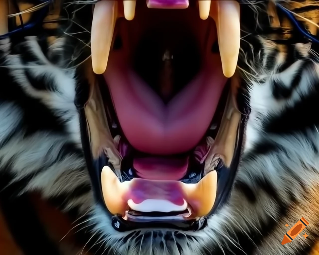 Close-up view of tiger's mouth showing sharp teeth and saliva, hyper-realistic detail