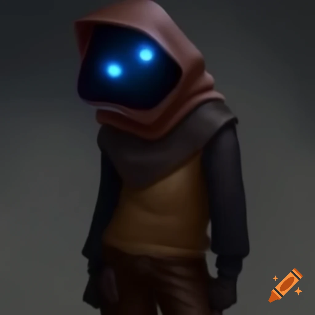 Mysterious figure in hood and scarf with glowing blue eyes on Craiyon