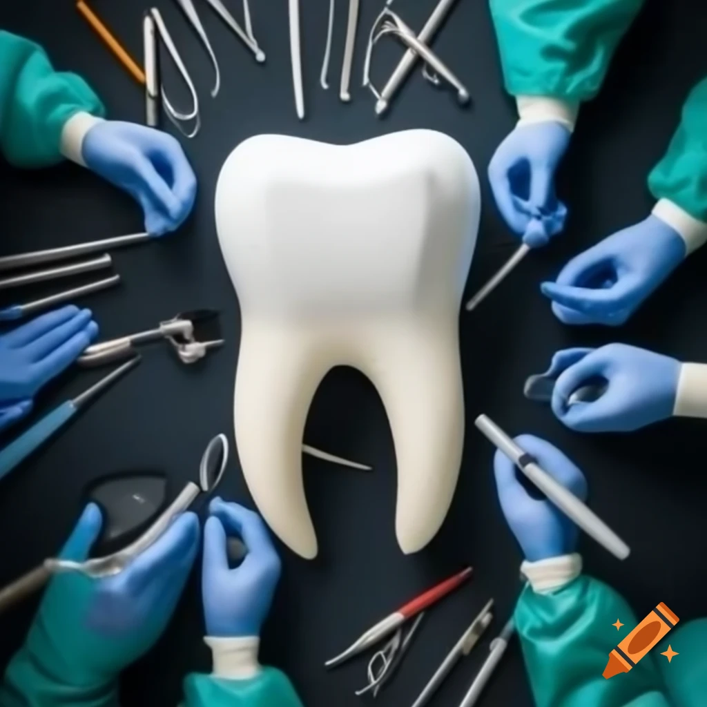 Medical professionals repairing a large white tooth with dental tools