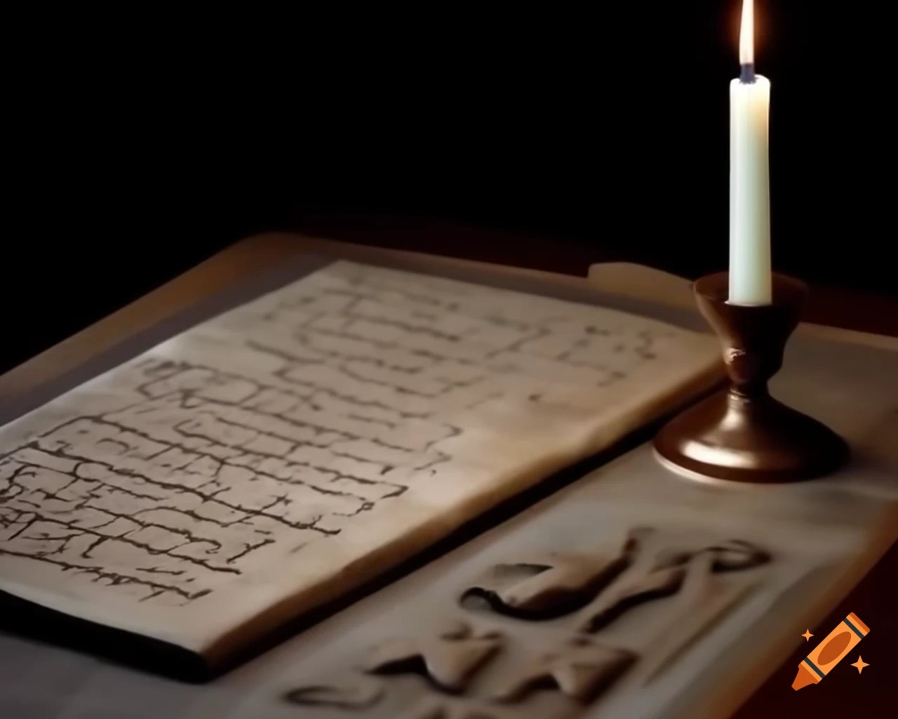 Table with cuneiform script and a candle