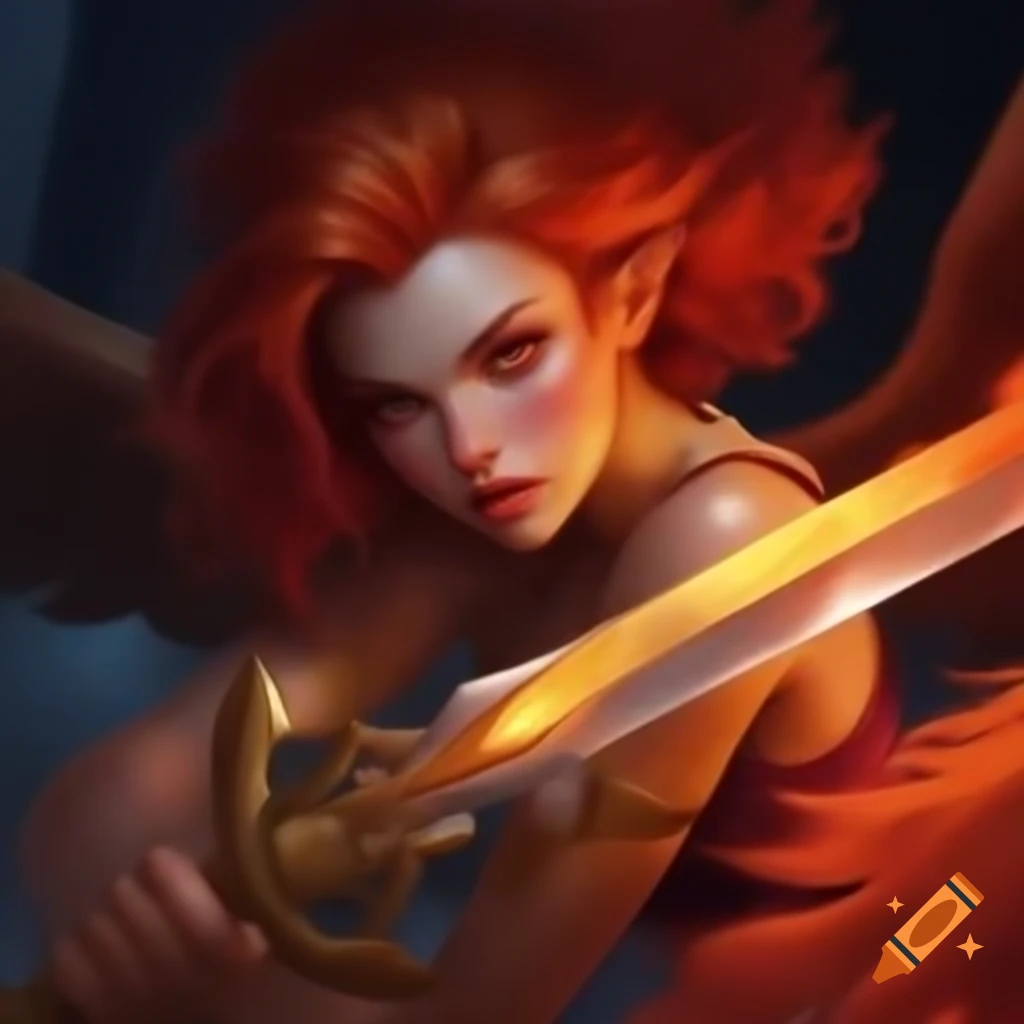 Angelic woman with red hair and greatsword ready to fight evil on Craiyon