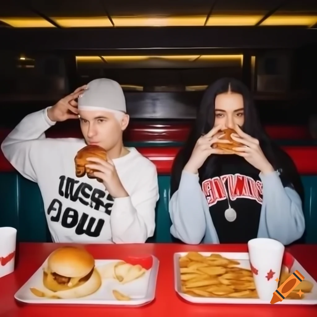 White rapper and girlfriend enjoying burgers and fries in a diner