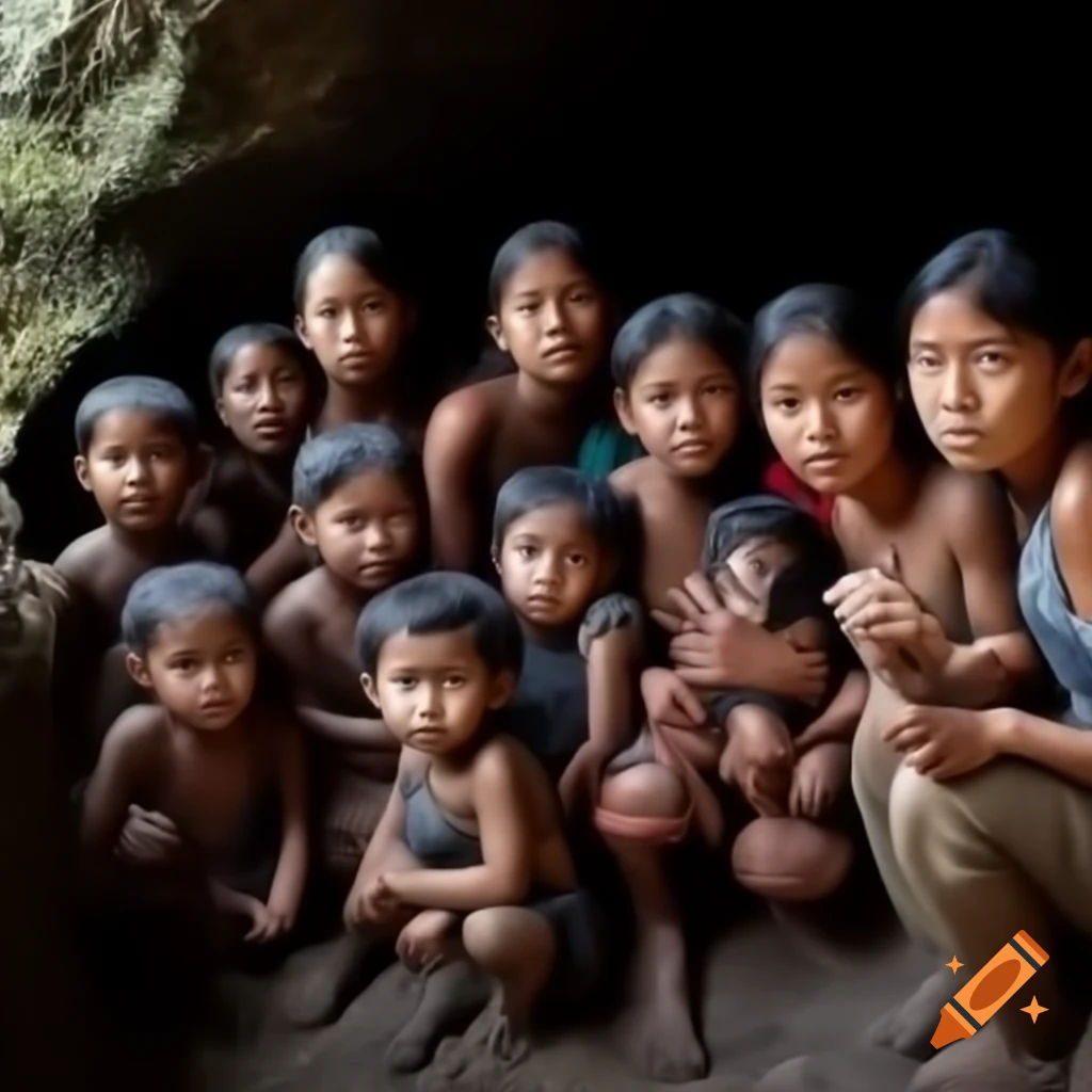 Group of women and children in a cave during prehistoric era