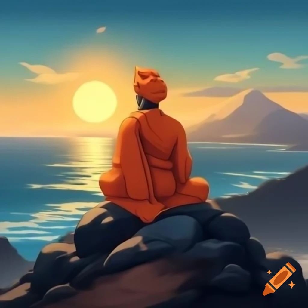 Anime depiction of Swami Vivekananda sitting on mountain summit at sunrise over sea