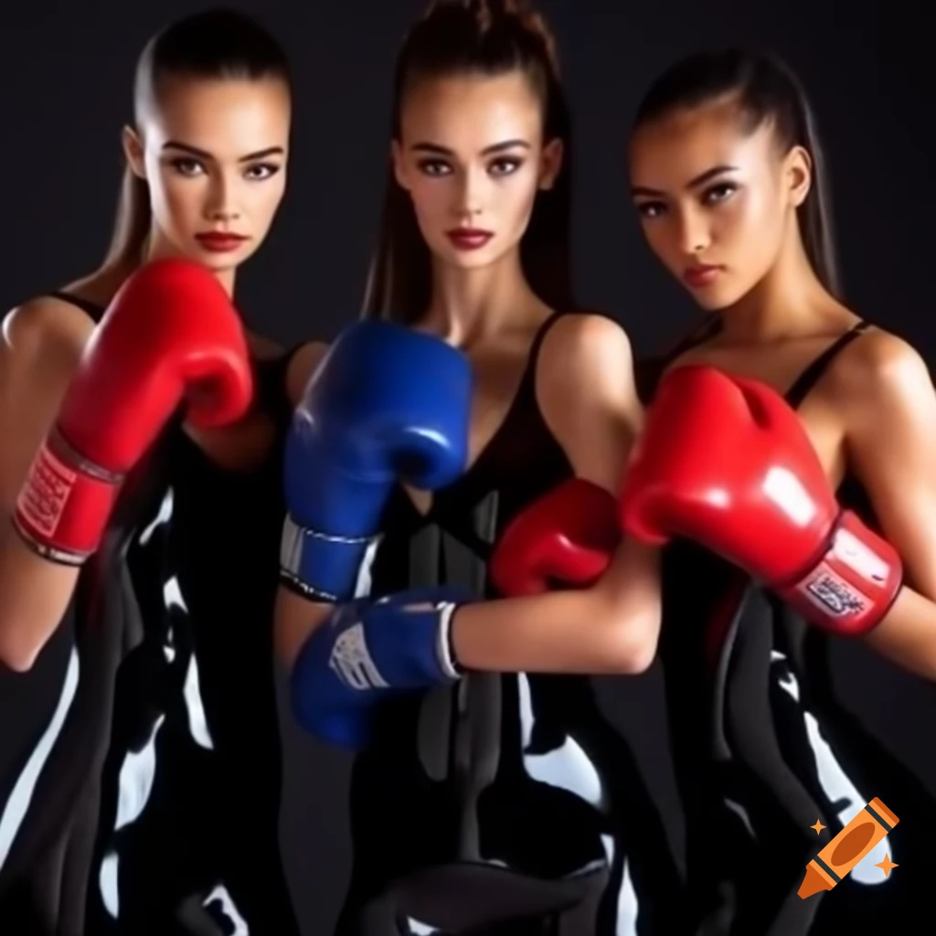 Supermodels in colorful latex bodysuits with boxing gloves in studio setting
