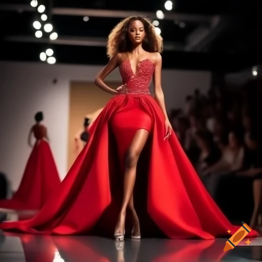 Fashion model on modern runway in red evening gown with sparkling accessories
