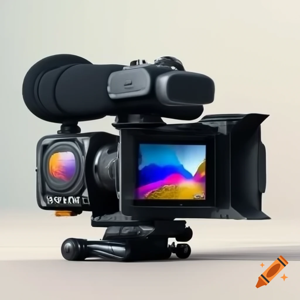 Cartoon-style professional video camera in vivid colors, front view