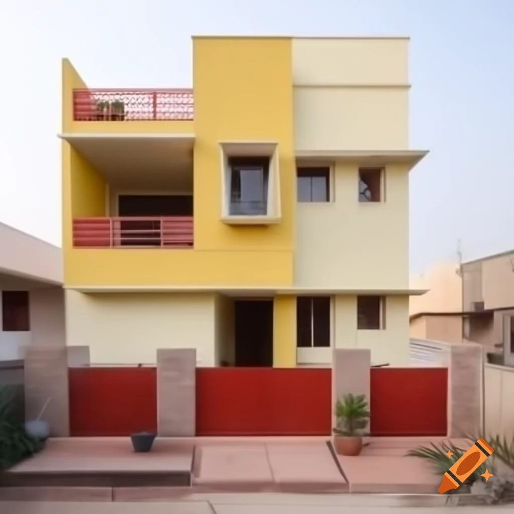 Vintage 1990s Indian apartment building with yellow walls and terracotta red details