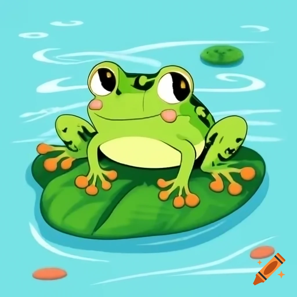 Green frog sitting on leaf in water