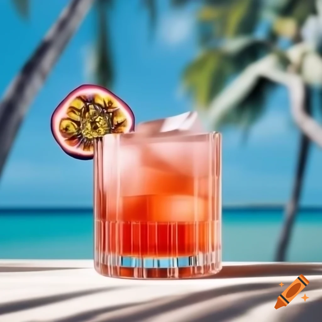 Cocktail poster for Lucia's Tropical Love featuring white rum, grenadine, and passionfruit garnish