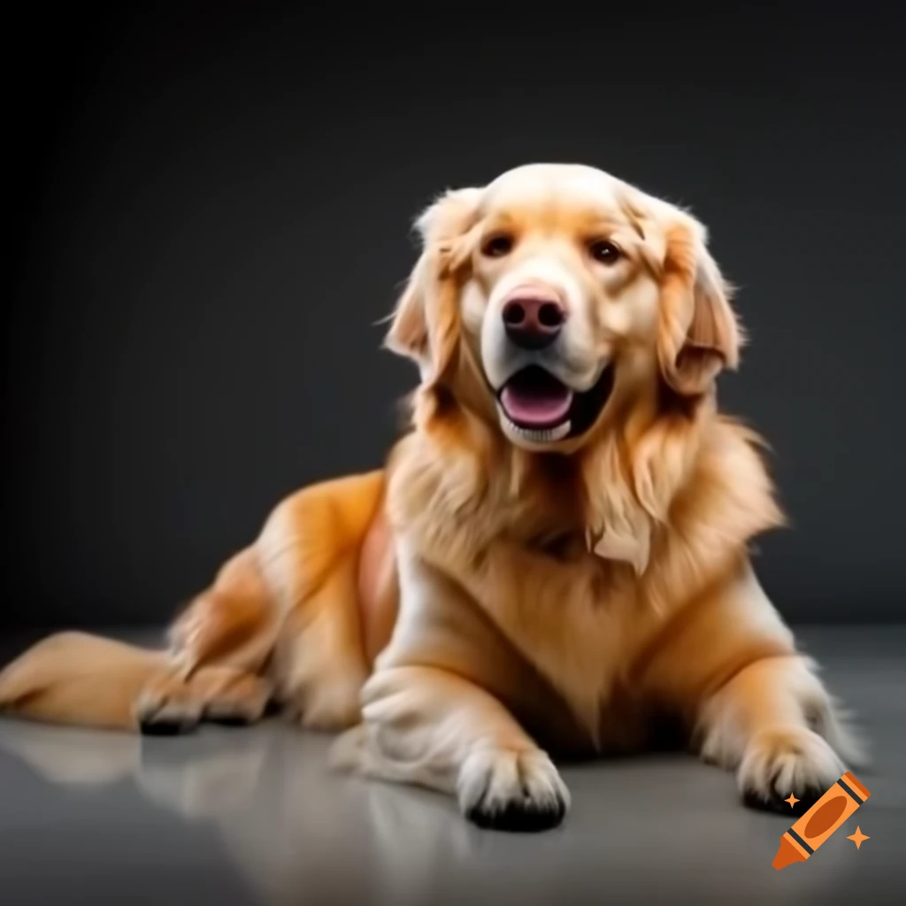 Golden retriever laying down in studio with gray background