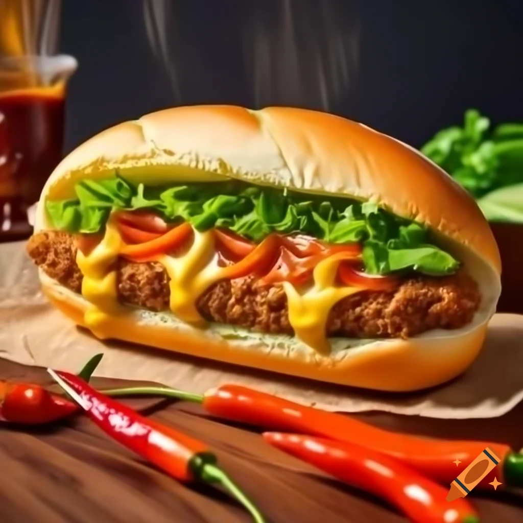 Hyper-realistic Vietnamese banh mi with crispy baguette and fresh ingredients