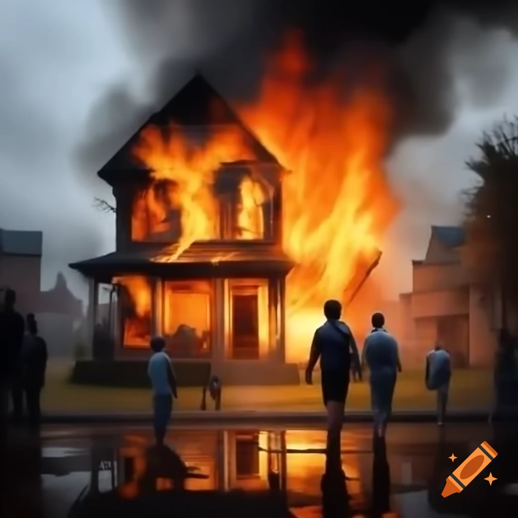 Burning townhouse with bystanders watching and fleeing people