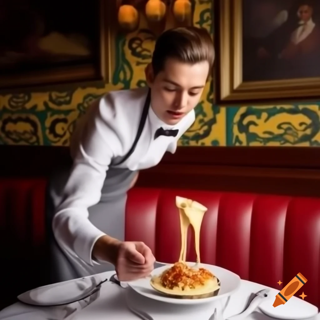 Fancy white sauce pasta served in upscale restaurant with waiter adding cheese