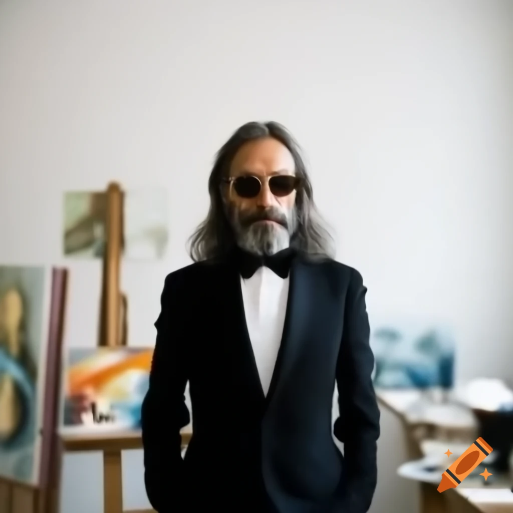 Painter's atelier with easels, featuring a cool Greek popstar with long hair and beard