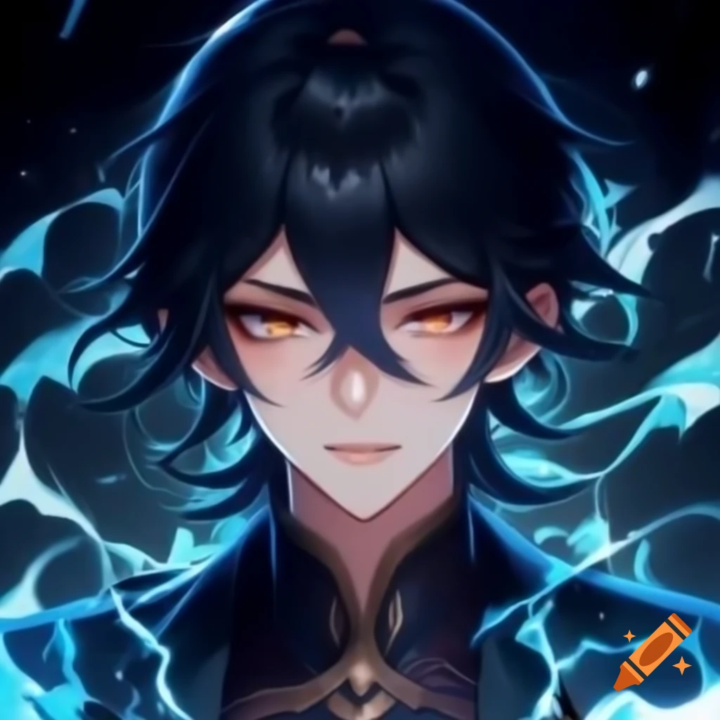 Anime male character with long black hair and magical abilities on Craiyon