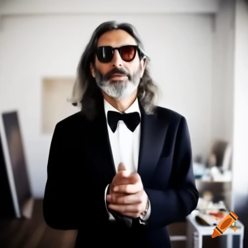 Painter's atelier with easels, featuring a cool Greek popstar with long hair and beard