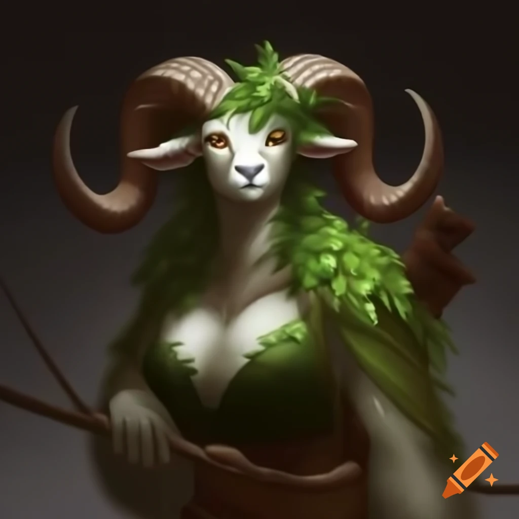 Full body drawing of female ram fursona with ivy wrapped horns holding ...