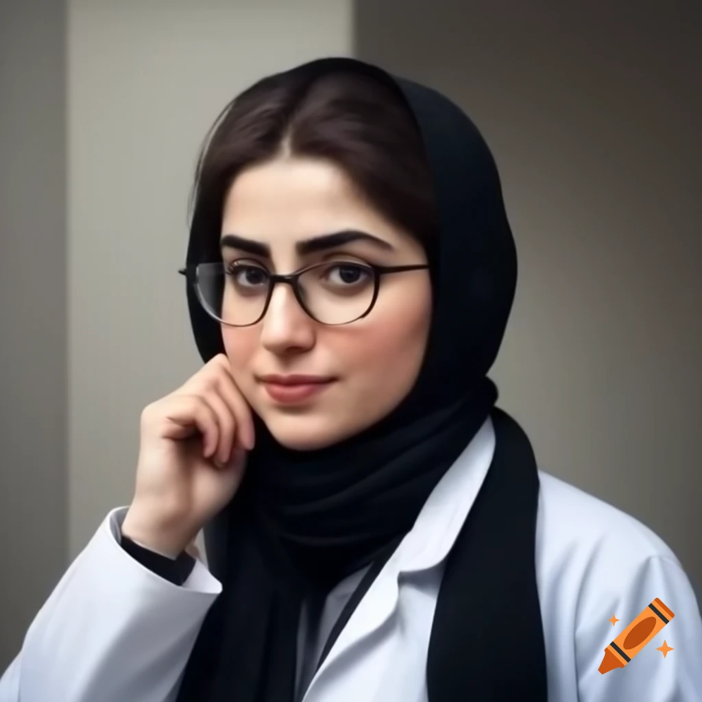Realistic Iranian female doctor in white coat, glasses, and black scarf in four poses: thinking, smiling, reading, talking