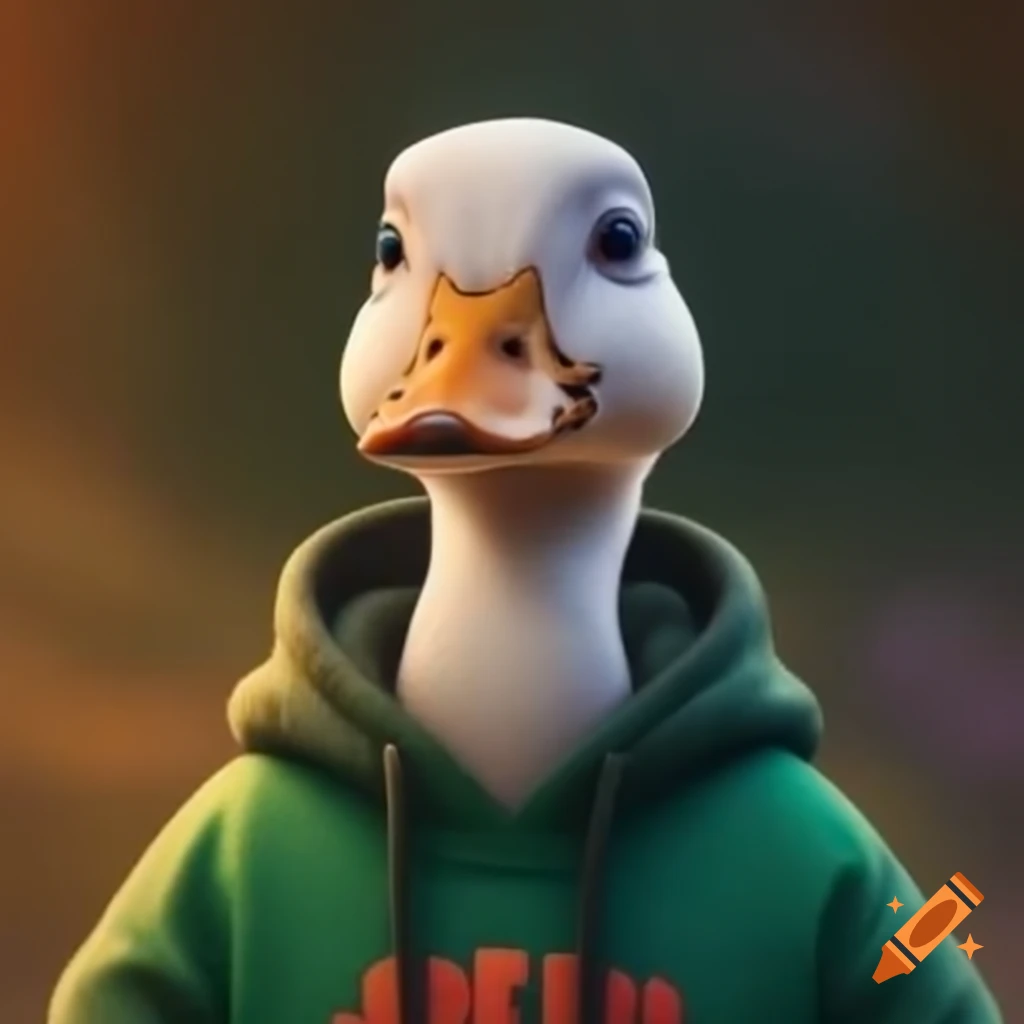 Mallard duck wearing a hoodie