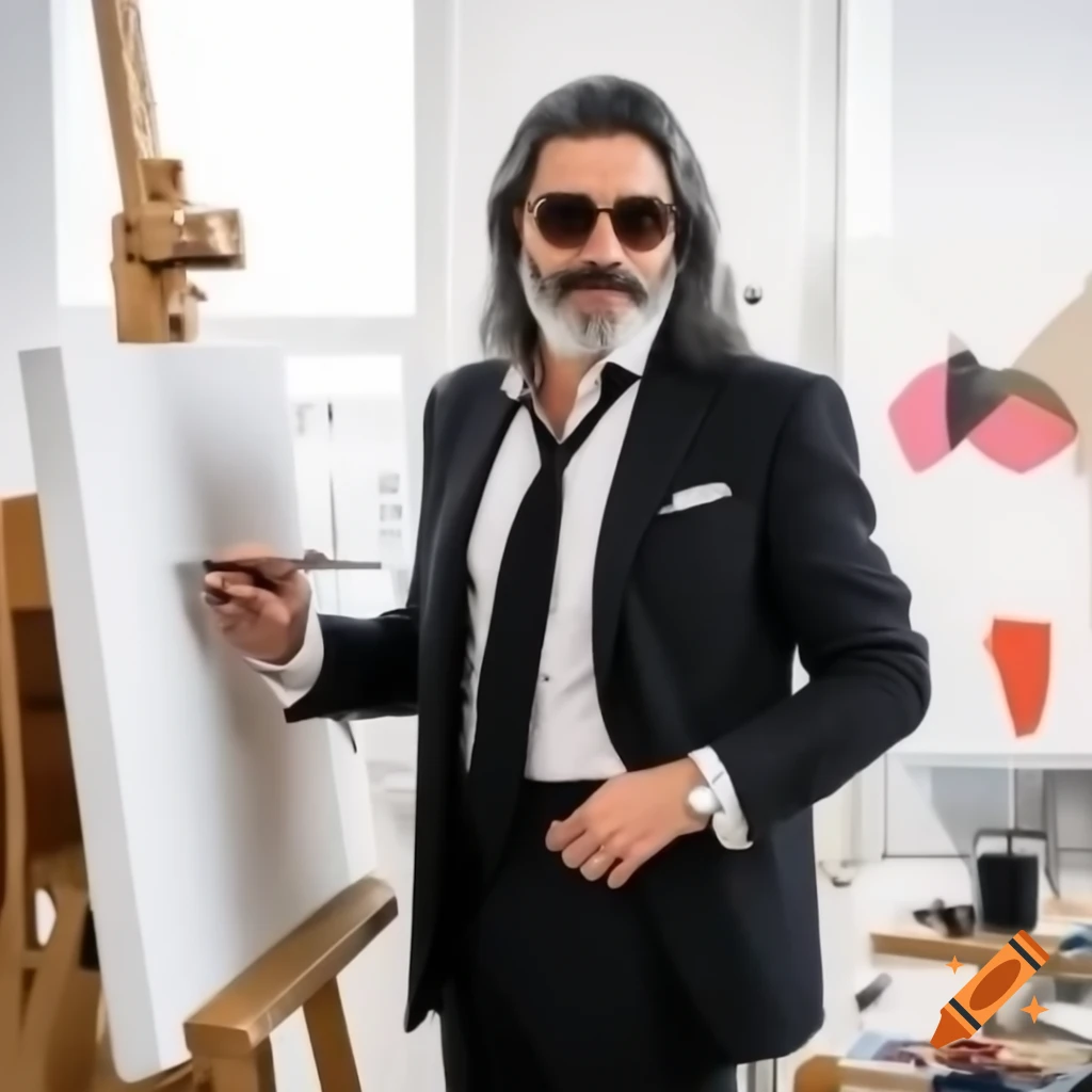 Painter's atelier with easels and white canvases featuring a young rockstar with long hair and beard