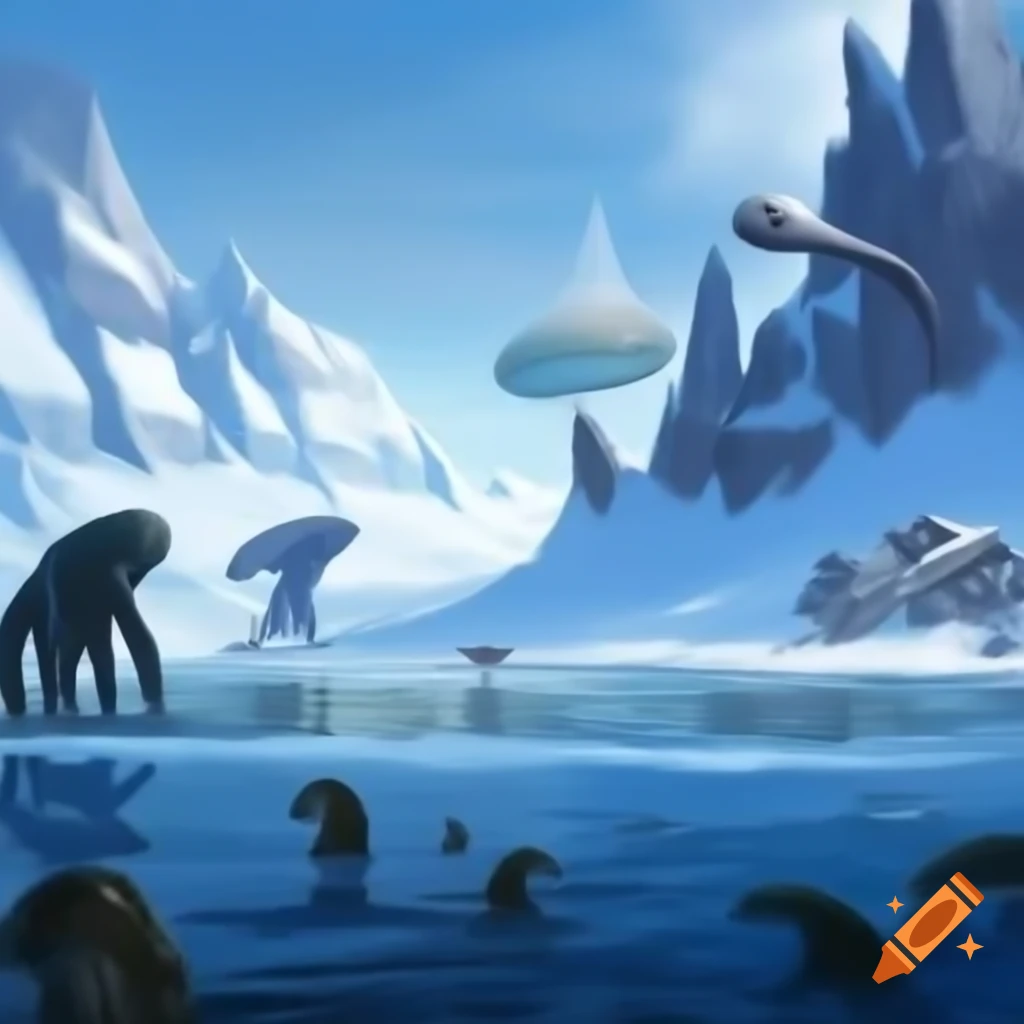 Alien world of water and snow featuring sea monsters and snow-covered mountains