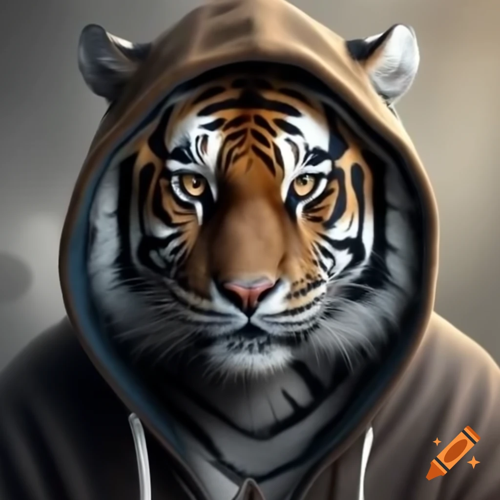 Siberian tiger wearing a hoodie in a playful pose