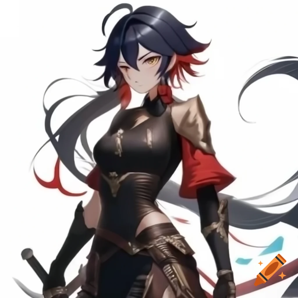 Young woman with black and red hair in armor wielding a sword, inspired ...