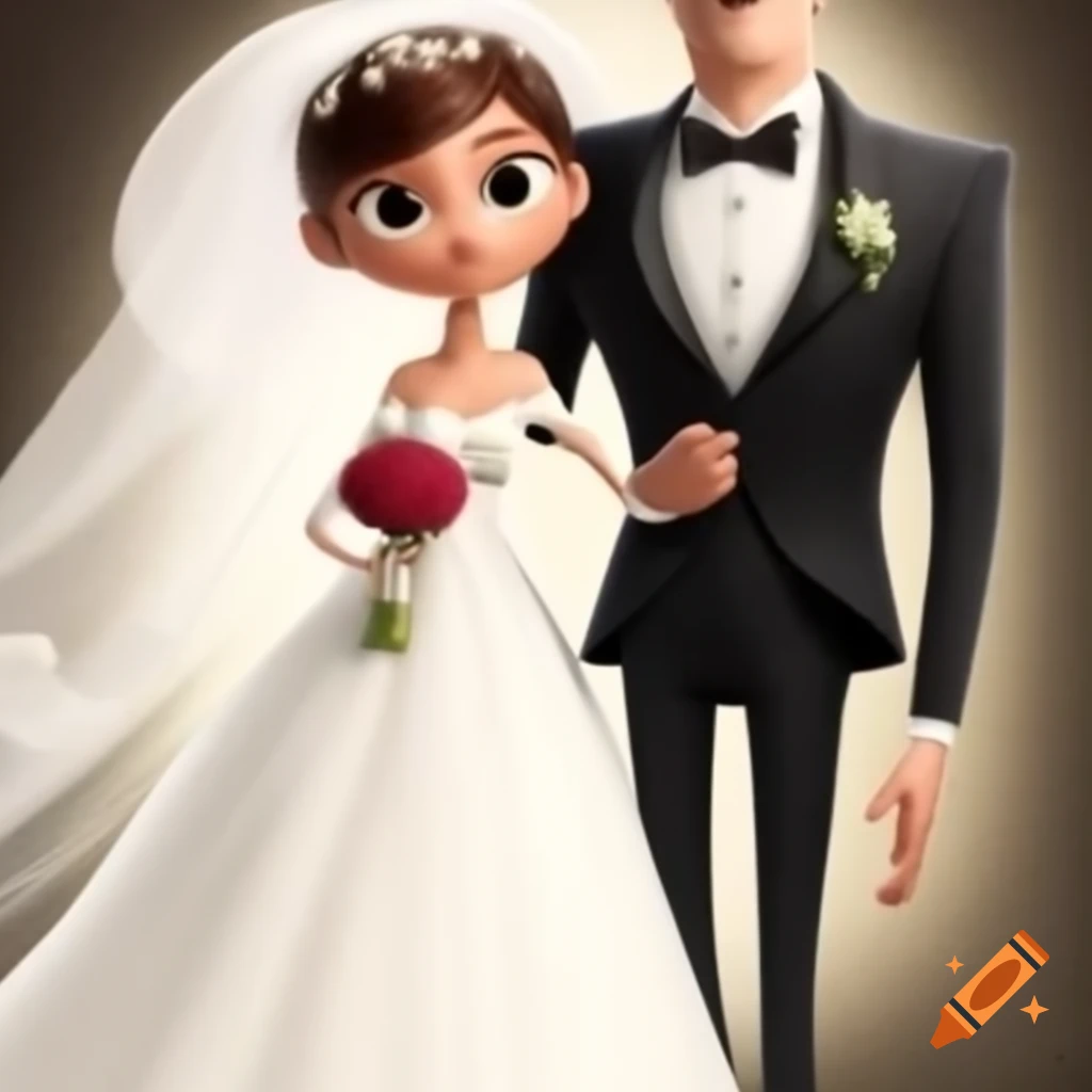 Pixar style bride in sweetheart dress and groom in tuxedo