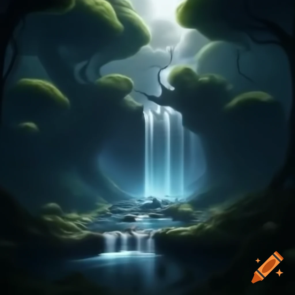 Sci-fi forest waterfall scene
